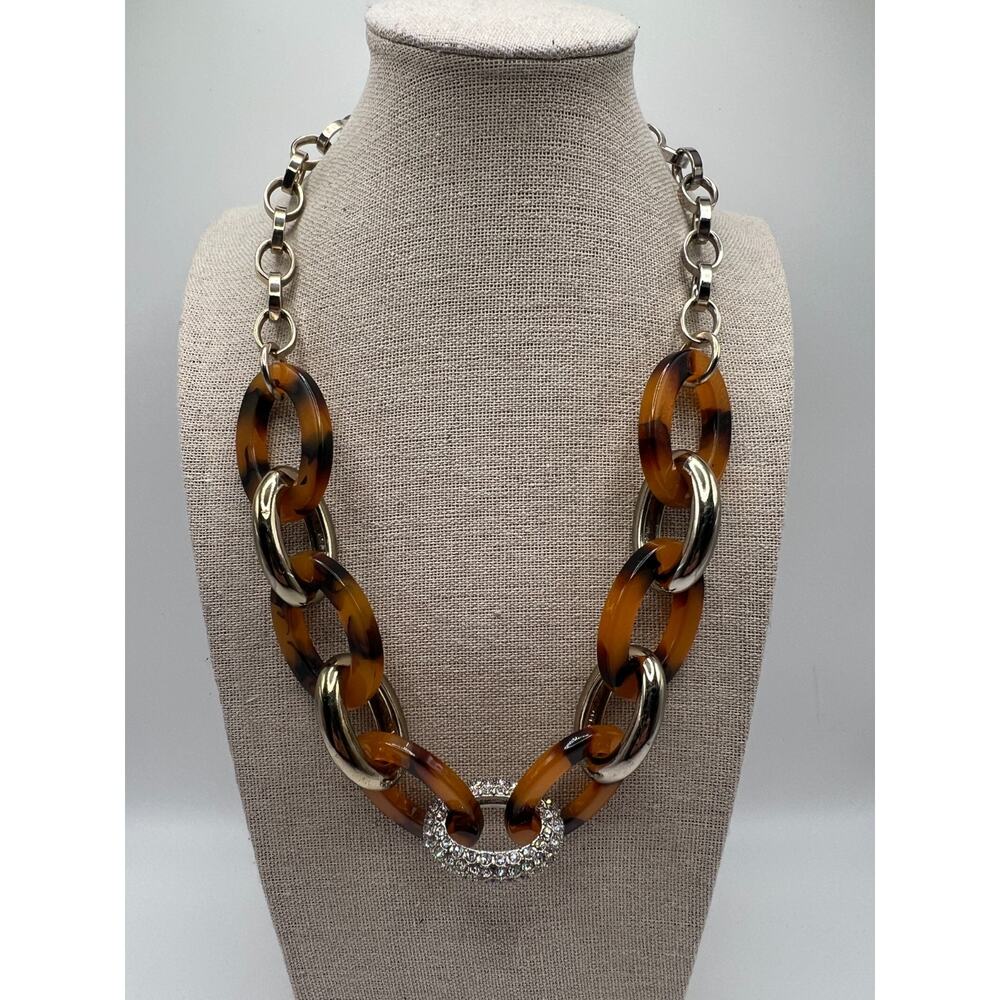 Ann Taylor Tortoise Link Necklace Gold Tone Acrylic Chain Statement‎ Adjustable
